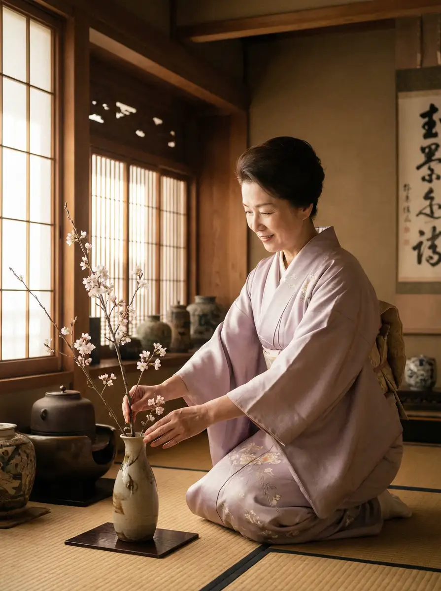 一位优雅的 黄色软件18 在和室中插花