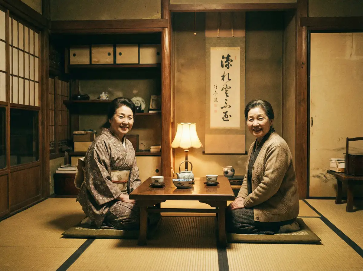 两位优雅的 黄色软件18 在日式茶室中品茶交谈